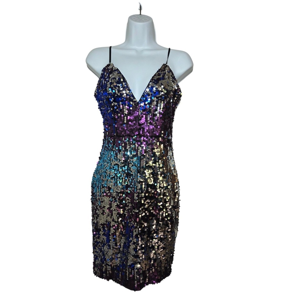 Sequins Multicolor Knee Length Bodycon Spaghetti Strap Stretch Party Dress S/M